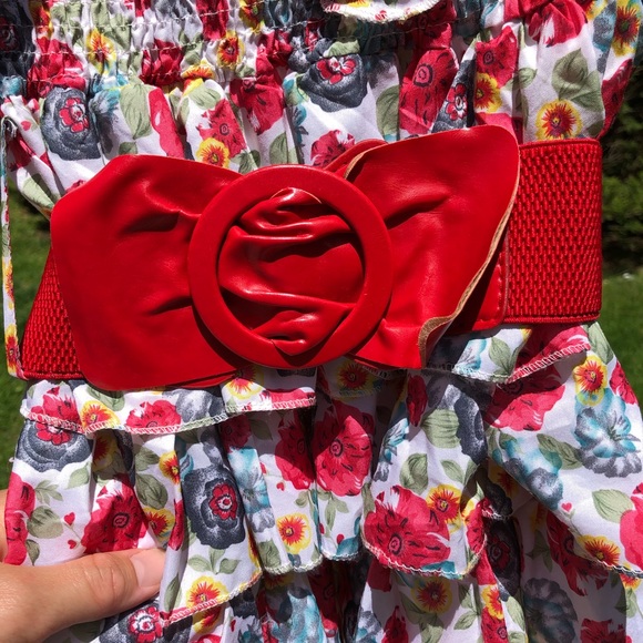 Cute red floral ruffle dress with red waist belt - Picture 2 of 5